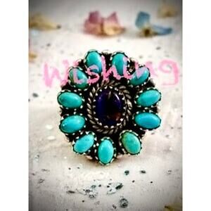 Greenish Blue Kingman Turquoise & Lapis Lazuli Cluster Ring Adjustable